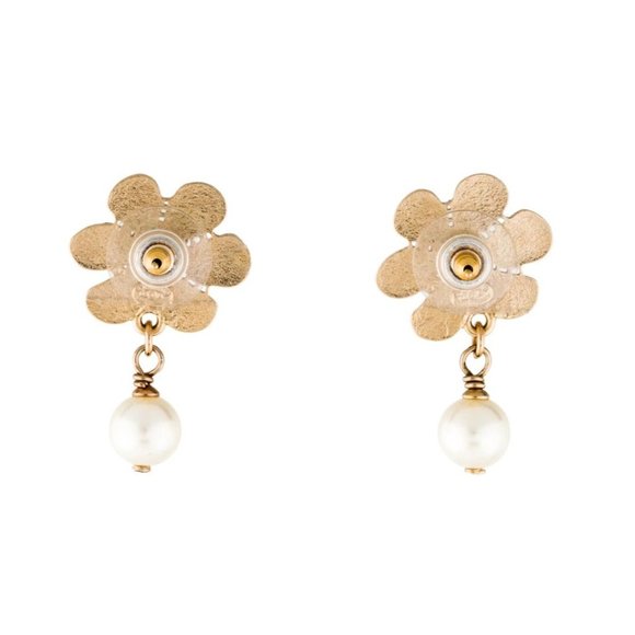 Chanel Faux Pearl Floral CC Drop Gold Tone Earrings - Picture 5 of 6